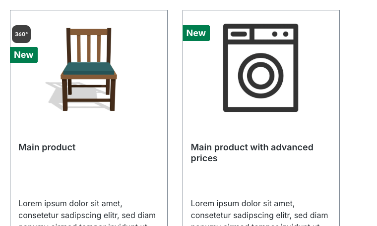 Category listing with the 360° badge on the product card of a product with a 360° view