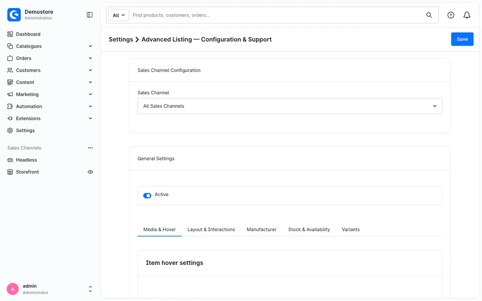 Advanced Listing configuration page with sales channel selection and tabs for media, layout, manufacturer, stock and variants
