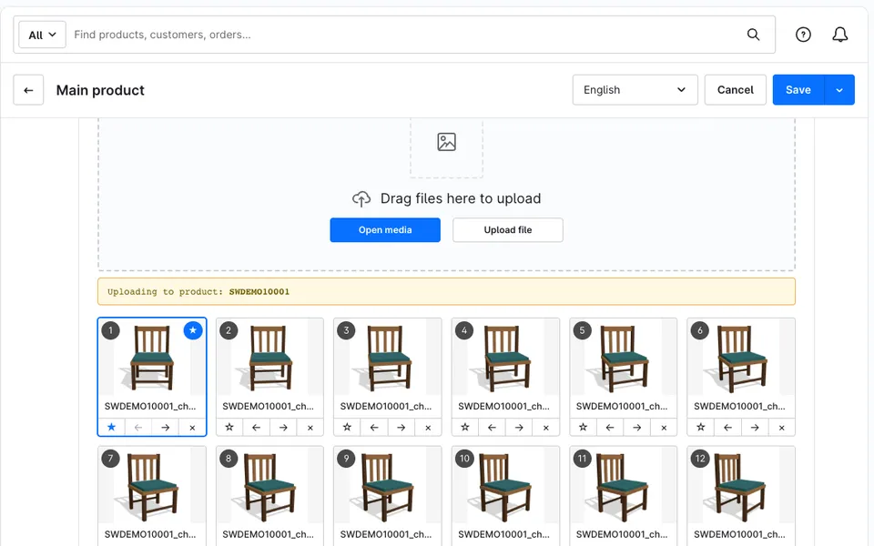 360° View tab in the product editor with uploaded frames, order arrows and star icons